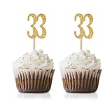 Gold Happy 33rd Birthday Cupcake Topper, 24-Pack Number 33 Glitter Birthday Party Cupcake Toppers,...