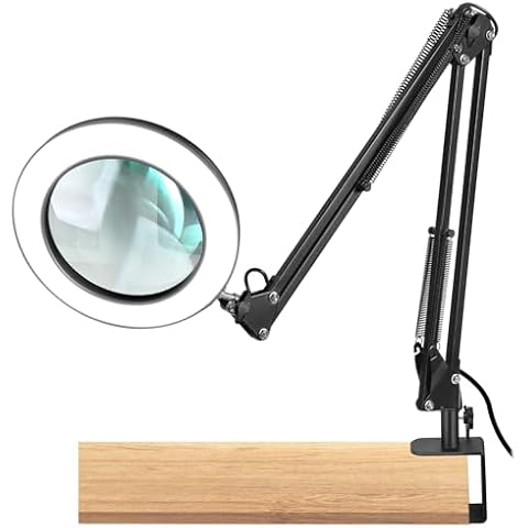 Magnifying Glass with Light, 10X Real Glass Lens LED Lighted Desk Lamp & Clamp, 3 Color Modes Stepless Dimmable, Adjustable Swing Magnifier with Light and Stand for Reading Crafts Close Work Cover