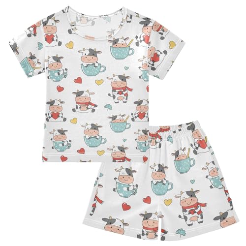 Pajama Short Sets Cute Cows in Cups Pattern Soft Cotton Summer Sleepwear 2 Piece PJS Size 5-14T