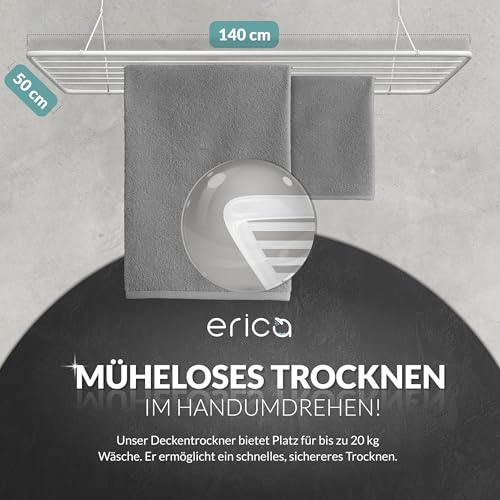Erica Wäscheständer Decke 140x50cm, Platzsparend mit 11,2m Trocknungsfläche, Vertikal zusammenklappbar 2,5m, Deckenwäschetrockner aus Metall, Weiß