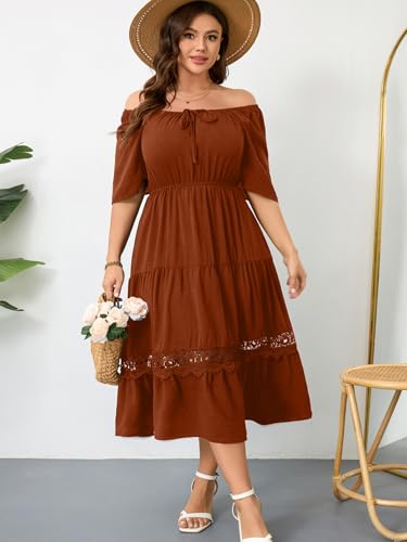 RWJ Women's Plus Size Maxi Dress Short Sleeve Square Neck Flowy A-Line Lace Trim Flutter Party Casual Off Shoulder Dresses4