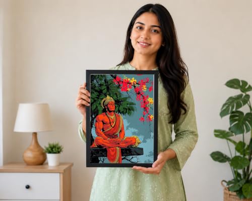 Image of Lord Hanuman Meditation Framed Wall Poster | Premium HD Hindu Spiritual Wall Art | Black Frame | Ready to Hang | Home Temple, Living Room, Office & Bedroom Decor | Religious Gift