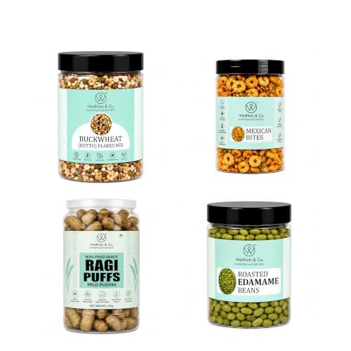 Image of WellNuts & Co. Healthy Snack Combo Pack of 4 |Buckwheat Flakes Mix - 200g, Mexican Bites - 200g, Ragi Puffs Mild Pudina - 200g, Roasted Edamame Beans - 200g| Roasted & Ready to Eat Snacks | High Protein & High Fiber Combo | Snacks for Healthy Everyday