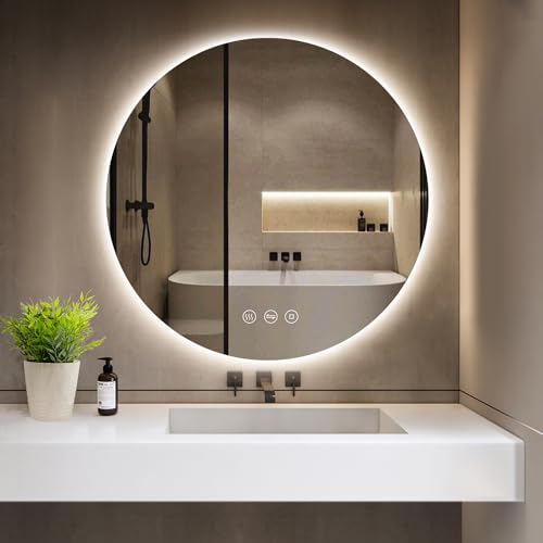 GIMBELEN Badezimmerspiegel mit Beleuchtung, Runder Badspiegel 80 cm mit 3 Lichtfarben, Dimmbar, Anti-Beschlag, Touch-Schalter, Speicherfunktion, LED Bad Spiegel mit Licht, Energiesparend