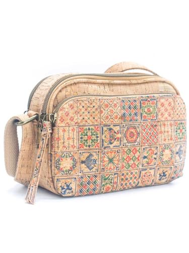 Natural Cork Crossbody Bag for Women, Portuguese Tile Pattern, 8 x 5.5 x 3 inches, Adjustable Strap