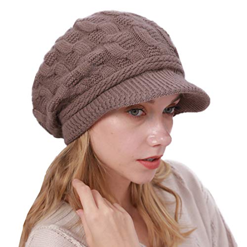 YONKINY Schirmmütze Barett Mütze Damen Winter Warme Dicke Strickmütze Beanie Mütze mit Visor Newsboy Cap (Khaki) Cover