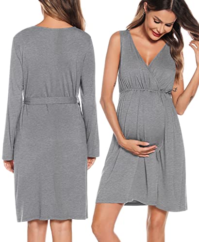 Swomog Maternity Nightgowns And Robe Set For Hospital 3 In 1 Labor Delivery Nursing Gown Two Piece Pregnant Pjs Sets Soft Birthing Robe A-Grey #TOP2