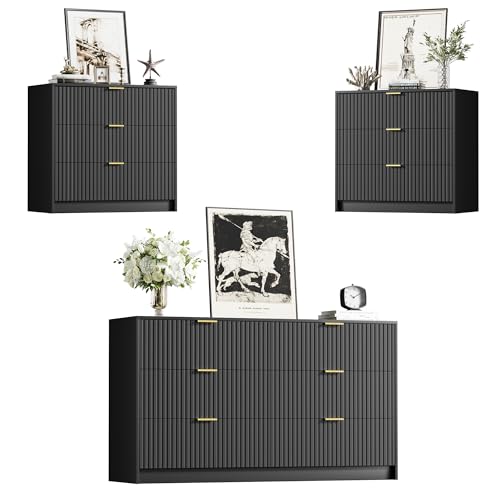 Image of Furniway Black Dresser Bedroom Set 3 Pieces, Nightstands Sets of 2, 6 Drawer Dresser with Gold Handles for Bedroom