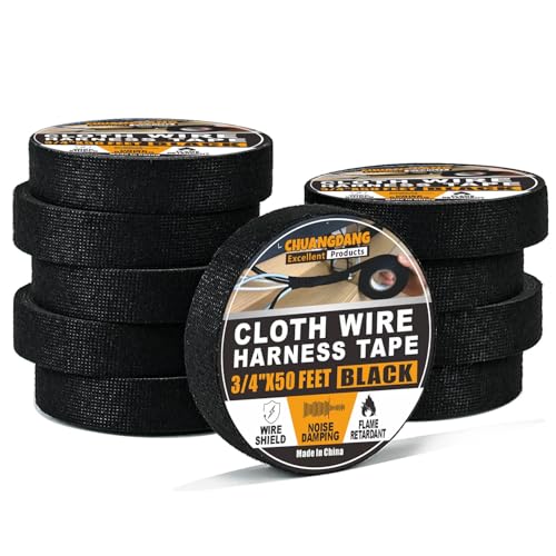 Image of Black Wiring Harness Tape,3 /4Inch x 50FT,10-Pack,High Temp Fabric Cloth Tape for Automotive,Engine /Cable Harness Tape, Noise Damping,Insulation,Wire Fixed,Bundle Wire