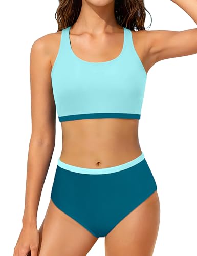Image of DONWEN Girls Swimsuits V Neck Bikini Set Textured High Waist Girl Two Piece Bathing Suit