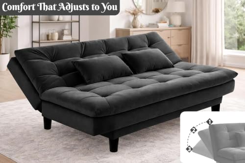 Image of Velvet Fabric Wooden 3-Seater Apsen Sofa Bed with Tufted Couch with Adjustable Backrest- Living Room Furniture-Black-Color