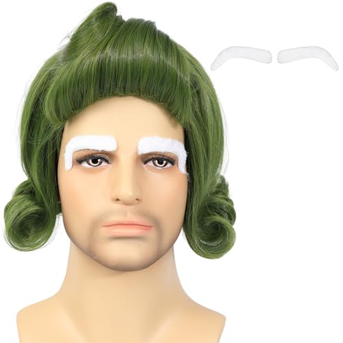 AMZCOS Mens Short Olive Green Cosplay Wig with White Eyebrows for Halloween Costume Party (Adults Olive Green Wig)