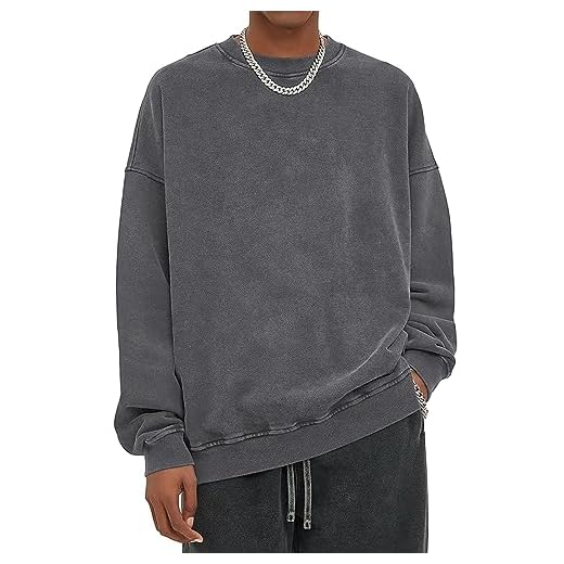 KEEPSHOWING Felpe con cappuccio da uomo oversize casual lavaggio basic manica lunga vintage street felpa con cappuccio con tasca, Grigio (senza cappuccio), Small