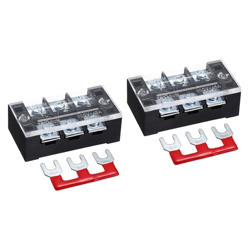MECCANIXITY 2 Pcs Dual Row Terminal Block, 600V 45A 3 Positions Screw Terminal Block with 2PCS Pre-Insulated Barrier Strips for Power System, Home Appliances