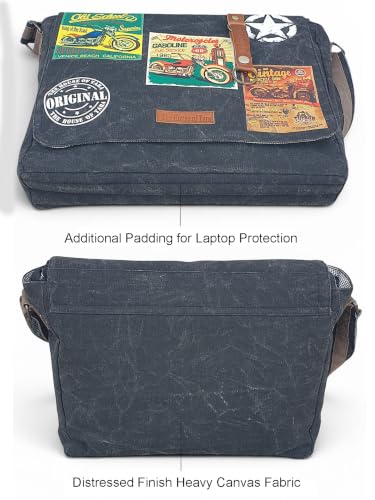 Image of The House of tara Distressed Cotton Canvas Messenger Bag for Men and Women | Printed Crossbody Sling Bag With Laptop Compartment (Upto 15.6 Inch), Broad Adjustable Straps (Phantom Black)
