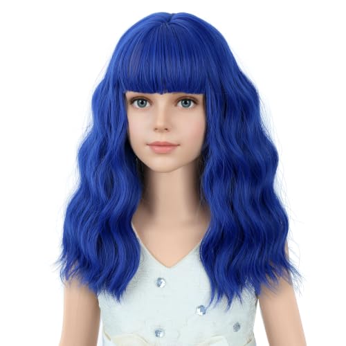 Image of PATTNIUM Girls Blue Short Curly Wavy Wigs with Bangs | Kids Dark Blue Synthetic Wig Halloween Costume Cosplay Party Wig