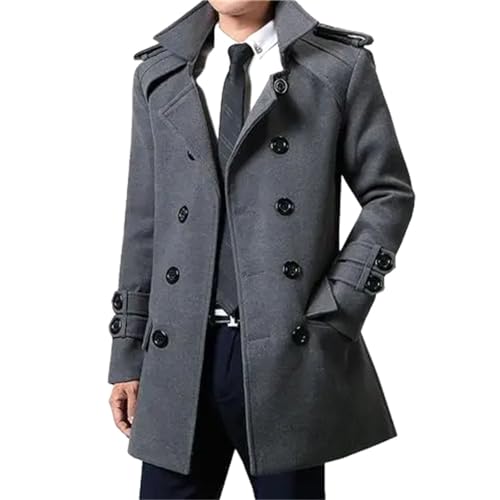 Goolecrimp Outono e inverno dos homens clássico de abotoadura dupla lapela Tweed Gabardinha de moda de negócios casual rua tendência média comprimento fino casaco, cinzento, 3XL