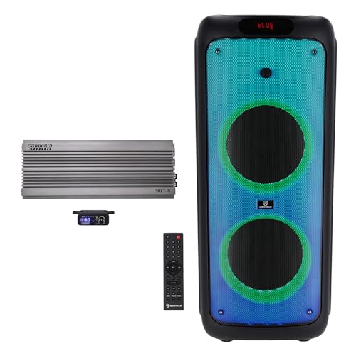 Sundown Audio Salt-4 Bundle: 4000-Watt RMS Mono 1 Ohm Car Amplifier with Wired Level Control, BASS Party 10 Dual 10 in 2000-Watt Portable Bluetooth LED Speaker, 2-Items