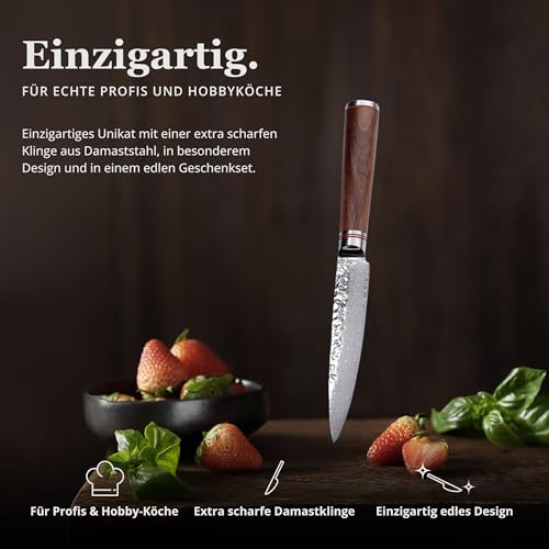 Wakoli Nussbaum Allzweckmesser 12,5 cm | aus 67 Lagen Damaststahl mit VG10-Kern | mit ergonomischem Nussbaumholzgriff | für Fleisch, Fisch & Gemüse | in Geschenkbox für Hobby- & Profiköche