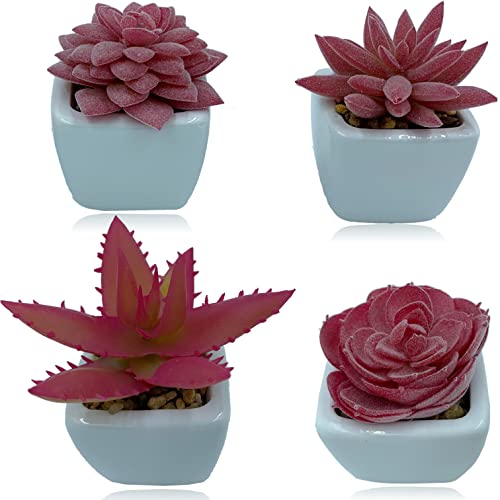 "Transform Your Home and Office with Vibrant Pink Artificial Succulents in Ceramic Pots - A Stunning 4-Piece Set for Your Living Room and Hall Decor!"