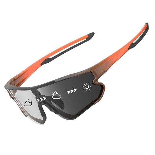 ATTCL Gafas de sol deportivas fotocromáticas para hombres y mujeres, para correr, béisbol, golf, ciclismo, gafas con protección UV, Lente fotocromática con marco naranja, Medium