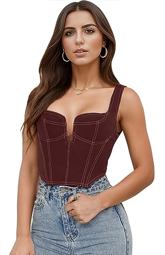 Moalluom Deep V Neck Sleeveless Corset Crop Top Bustier Y2K Denim Zip Back Coconut Girl Cottagecore Aesthetic For Women (Brown, 0-2) #TOP6