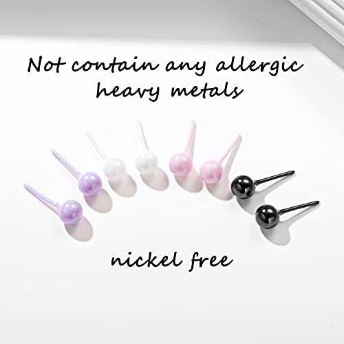Tiny Rounc Ball Stud Earrings For Women Or Girls, 4 Pairs Hypoallergenic Classical Black White Pink Purple Ceramic 4Mm Stud Earrings Set For Sensitive Ears #TOP3