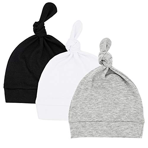 Sarfel Baby Hats 0-6 Months Newborn Hats for Boys Infant Beanies Soft Warm Knot Baby Boy Hat Gifts for Newborn Babies 3 Pack Black & White & Grey