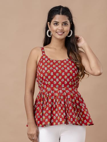 Image of feranoid Women Cotton Printed Sleeveless Strap Peplum Top