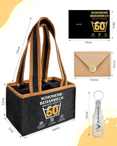 Lustige Geschenk 60 Geburtstag Mann, Männerhandtasche Bier mit Flaschenöffner und Grußkarten, Schonend Behandeln 60.ter Geburtstag Mann, Bier Flaschentasche für 6 Flaschen