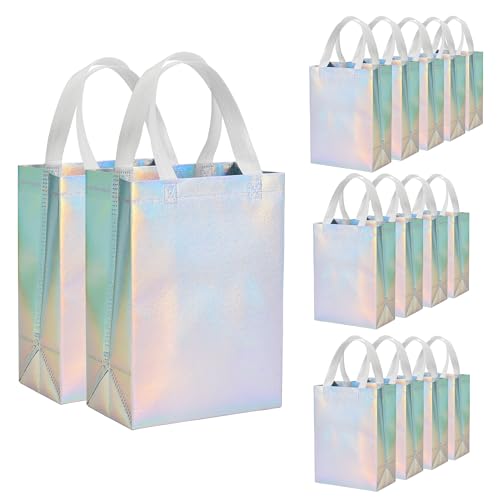 METAPRINT 15 Pcs Iridescent Glossy Gift Bags Medium Size 8x4x10 Inch Holographic Reusable Gift Bags with Handles & Sturdy Base Ideal for Birthday Wedding
