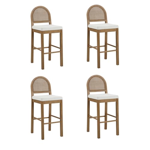 Image of Nathan James Bailey 29 in. Boucle Bar Stool with Back, Bar Height Chair with Natural Woven Rattan Back and Solid Wood Legs, Light Brown, Set of 4