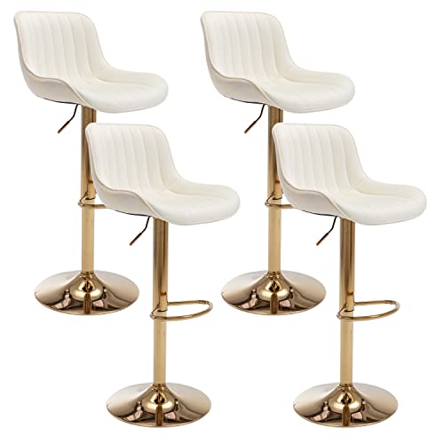 Kiztir Juego de 4 taburetes de bar de terciopelo dorado, taburetes de bar de altura ajustable con respaldo y reposapiés, taburetes de bar giratorios dorados para isla de cocina, bar, cafetería (beige)