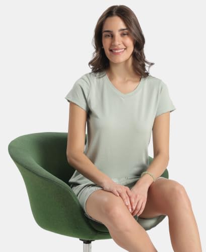 Image of Jockey RX12 Women Micro Modal Cotton Solid V Neck Half Sleeve T-Shirt