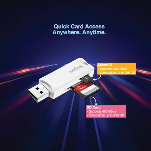 Image of FINGERS RapidRead Dual Card Reader (SD & MicroSD, USB 2.0 High-Speed 480 Mbps, Supports up to 256GB, Plug & Play, Universal Compatibility), Classic White