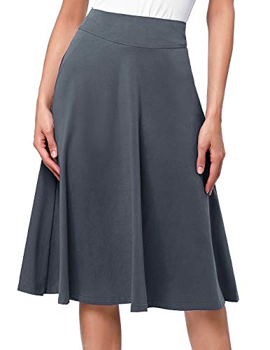 Kate Kasin High Waist Elastic A-Line Flared Midi Skirt for Women (L,Dark Grey)