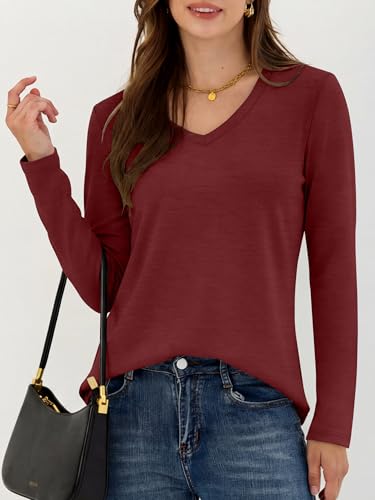 Image of ANRABESS Women's Long Sleeve Shirts V Neck Fall Tops | Soft Comfort Wrinkle Free Tshirts, Basic Tee, Winter Layer Clothing, Business Casual Work Fall Outfits, Travel Daily Wear
