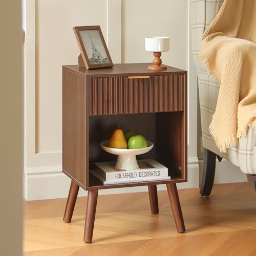 Image of Fultyle Walnut Nightstand, Modern Night Stand with Fluted Drawer and Open Storage, Wooden Bedside Table with Solid Wood Legs for Bedroom, Living Room, Office (Walnut Brown)