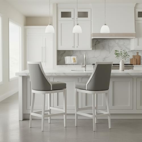 Image of Ellie Bar Height Stool Set of 2 with Backrest - Modern Kitchen & Home Bar Seating with Upholstered Seats, Rubberwood Frames, 360 Memory Return Swivel & Metal Kick Plate by Alaterre Furniture (White)