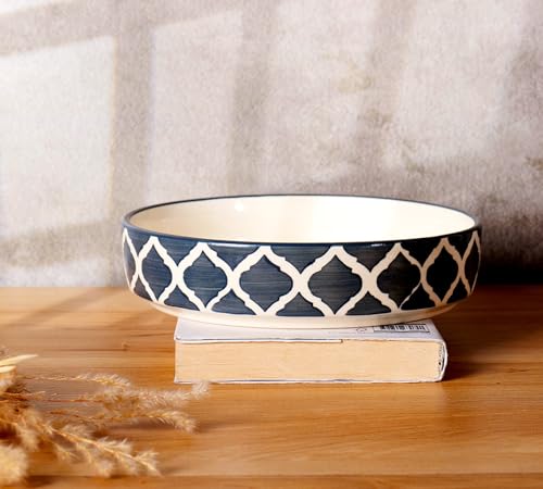 Image of Niyara Stoneware Handmade Ceramic Stylish Premium Serving Bowls /Salad Tray Microwave Dishwasher Safe (Grey Moroccan Print Set of 3)