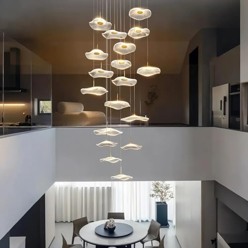 Image of ziidoo High Ceiling Chandelier - 24-Light Dimmable Modern Gold Long Spiral Luxury Linear Lotus Leaf Led Lamp Hanging Pendant Lights for Foyer Enterway Staircase Villas