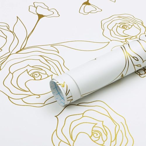 Image of KBR Luxury White & Gold Floral Rose Wallpaper (45 x 300 cm) - Elegant Waterproof Peel & Stick Self-Adhesive Wall Covering with Modern Golden Line Art Flower Design Roll for Living Room, Bedroom