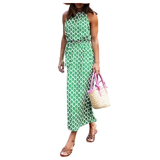 miduo Womens 2025 Summer Dresses Halter Neck Sleeveless Bohemian Geometric Pattern Flowy A Line Maxi Long Dress Green S