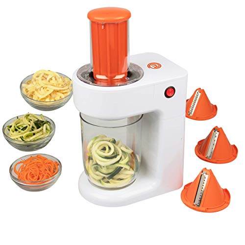 MasterChef Electric Spiralizer- 3-in-1 Vegetable Noodle Pasta Maker-Homemade Low Carb, Keto, Vegan, Gluten Free Pasta -Zoodle Zucchini Veggie Slicer and XL Hopper (w FREE Recipe Guide)Mothers Day Gift