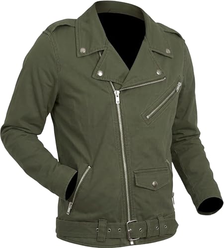 Image of Summer Lightweight Canvas Cotton Jacket Men - Punk Gothic Brando Biker Coat Classic Rock Streetwear Belted Jacket