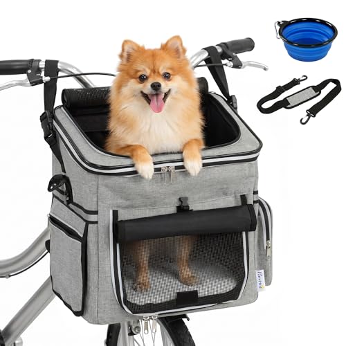 PawHut Panier de Vélo Avant pour Chiens Chats, Panier Vélo Avant Portable avec Laisse de Sécurité, Base Rigide Amovible, Couvercle Détachable, Coussin...