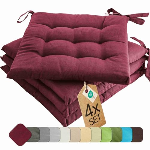 etérea 4er Set Sitzkissen Outdoor 40x40 mit Bändern - Stuhlkissen Bordeaux für Gartenstuhl & Innenbereich - waschbare Sitzauflagen Gartenmöbel - 4 Stück Kissen 40x40 cm - Bordeaux