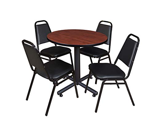 Romig Axis-Pro 30 in. Round X-Base Breakroom Table- Cherry, 4 Restaurant Stack Chairs- Black
