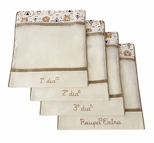 Saquinho de Maternidade Organizador 4 Peças Com Zíper e Tule Urso Oca