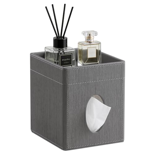 Tissue Box Cover, PU Leather Square Tissue Box Holder with Storage Tray for Bathroom Vanity Countertop Night Stands Bedroom Office Desk, Stylish Tissue Holder Decorative Organizer (Gray)